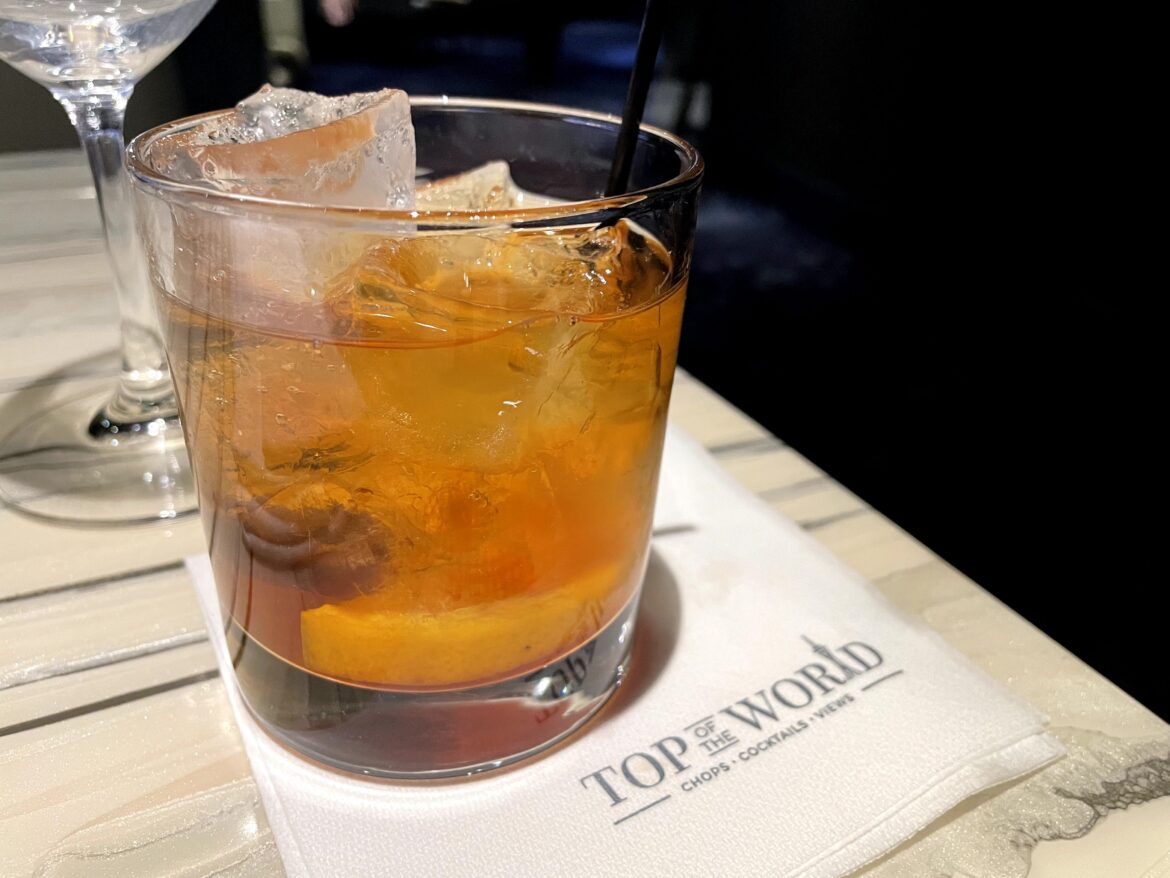 A picture of an Old Fashioned cocktail at the Top of the World Restaurant in Las Vegas. 