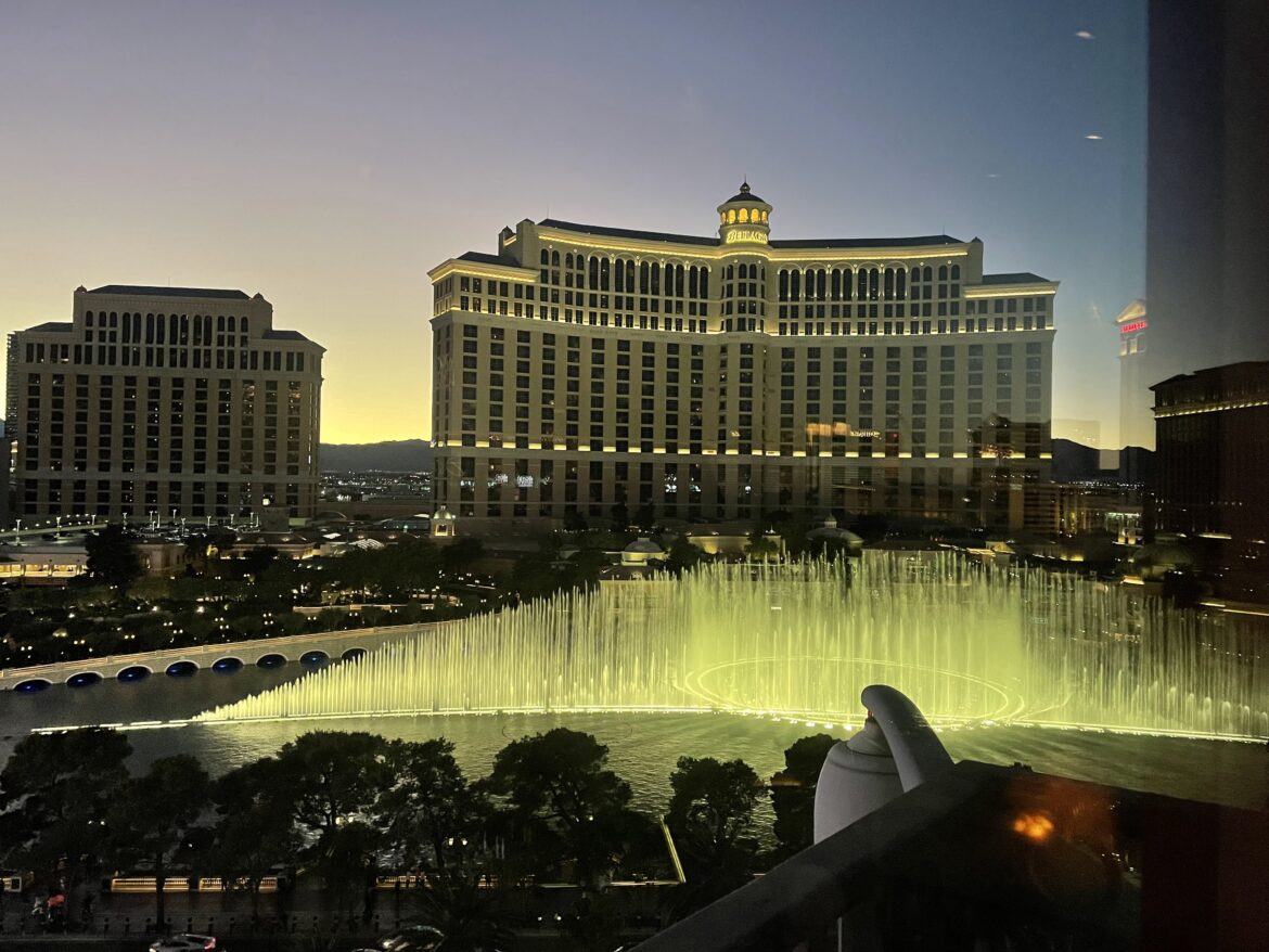 A view of the Bellagio Fountains from the Eiffel Tower Restaurant in Las Vegas.